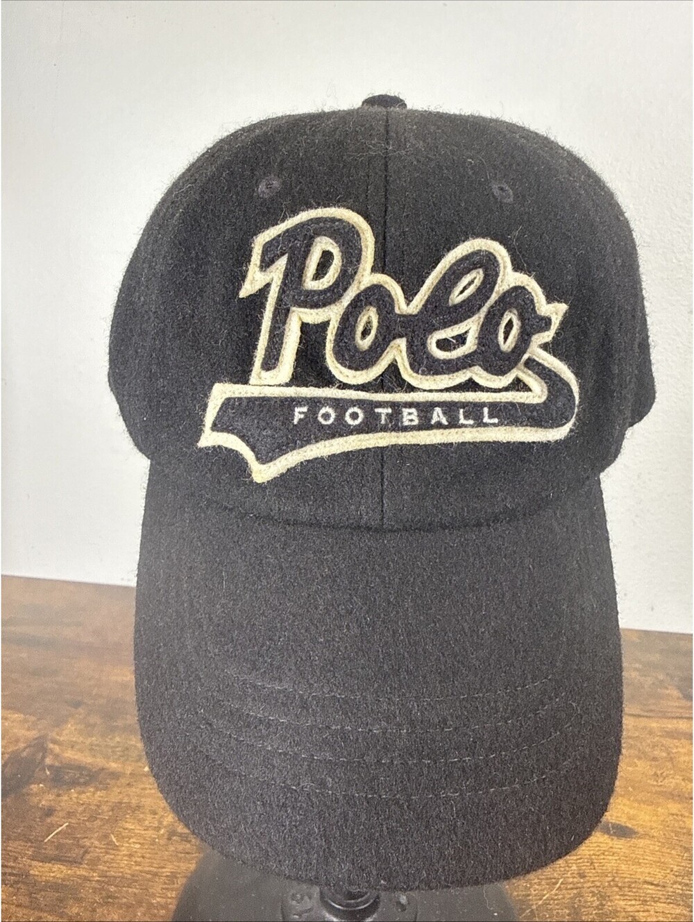 Polo Ralph Lauren Wool Blend Football Cap Black Embossed POLO Leather Strap Adju